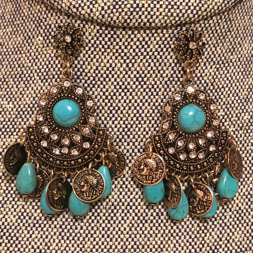 Turquoise, rhinestones, faux gold coined earrings!